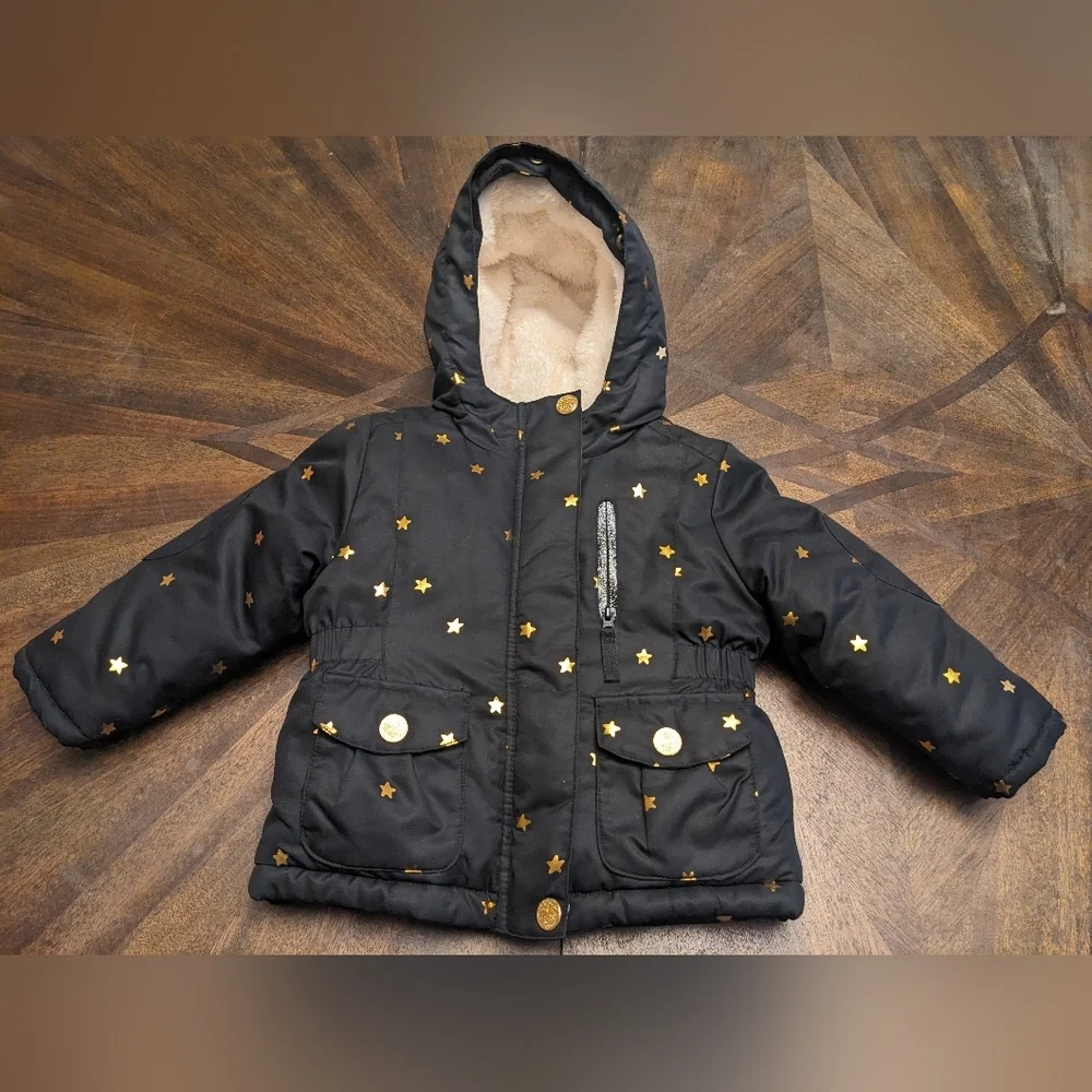 Cat & Jack Toddler Girls Black Puffer Jacket Gold Star Print Lined Hood